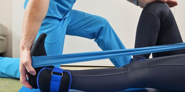 A therapist assists a patient with leg resistance band exercises.