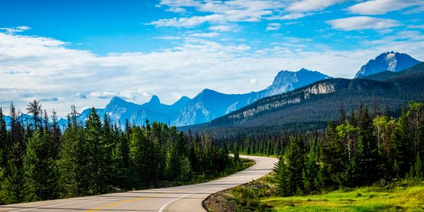 Curving road through a forest with mountains in the background under a partly cloudy sky.
