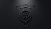 3D black emblem with a geometric design on a dark background.