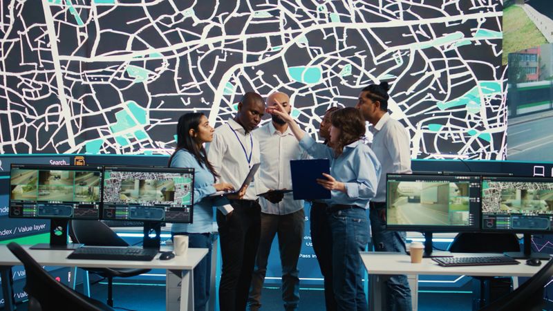 Diverse team of employees uniting forces to guide delivery trucks around the city, working together to help ship orders in time. Monitoring room satellite surveillance footage. Camera B.