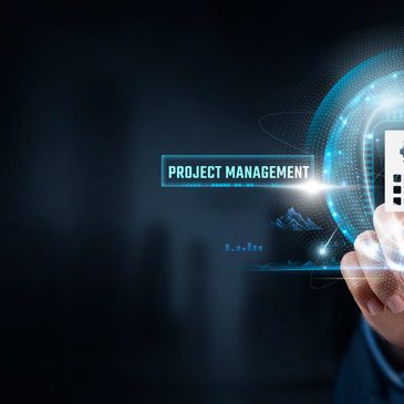 Hand interacting with digital project management interface.