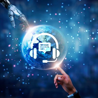 Human and robotic hands touch a glowing Earth with a customer service icon.