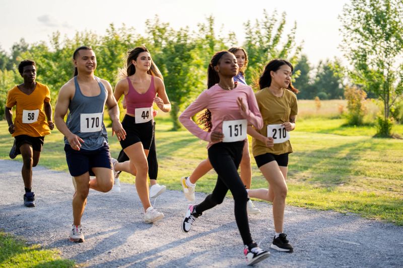 A large group of university students are seen running a race on campus together.  They are each wearing comfortable athletic wear and are focused on their breathing.