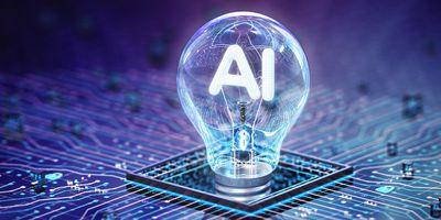 Glowing light bulb with AI inside on a digital circuit board.