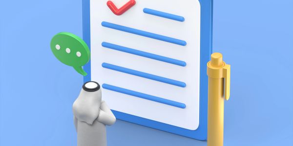 3D illustration of a person in traditional Middle Eastern attire looking at a checklist with a pen and chat bubble.