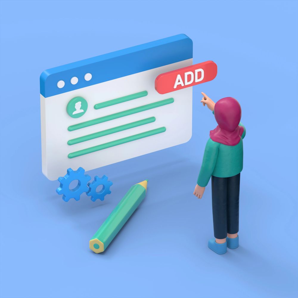 3D illustration of person adding contact info on a digital interface.