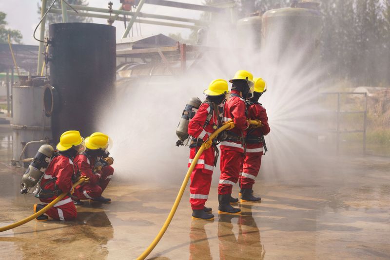 A firefighting training team of men and women of various ages is equipped with red safety suits, safety helmets and oxygen tanks. Firefighters use water hoses to control the burning fire.