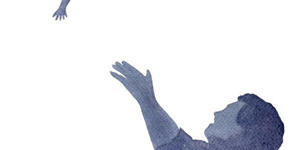 Watercolor silhouette of a person reaching out to a smaller hand above.