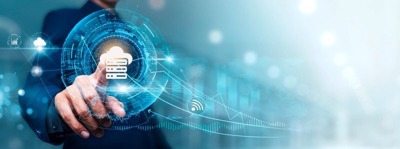 Hosting: Businessman touching connect to data information on cyberspace, server management, cloud storage, data security, scalability, website uptime.