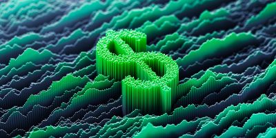3D dollar sign with green digital waves background.