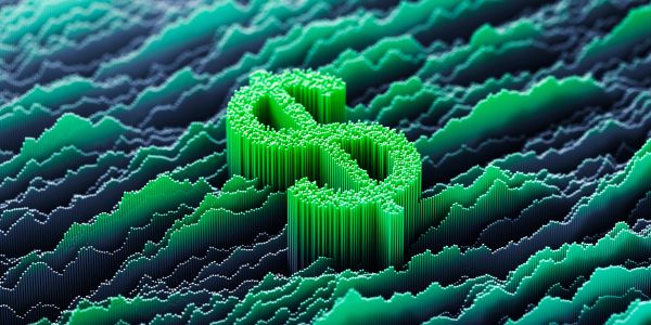 3D graphic of a green dollar sign on a wavy surface.