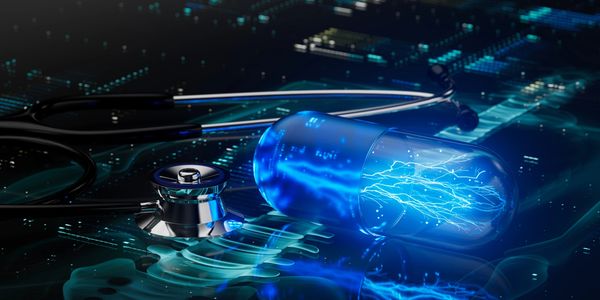 A glowing blue capsule with electric currents next to a stethoscope on a digital circuit board.