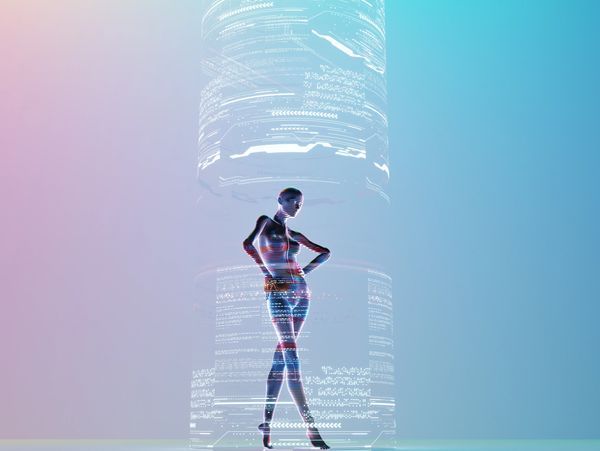 Futuristic holographic human figure surrounded by digital code.