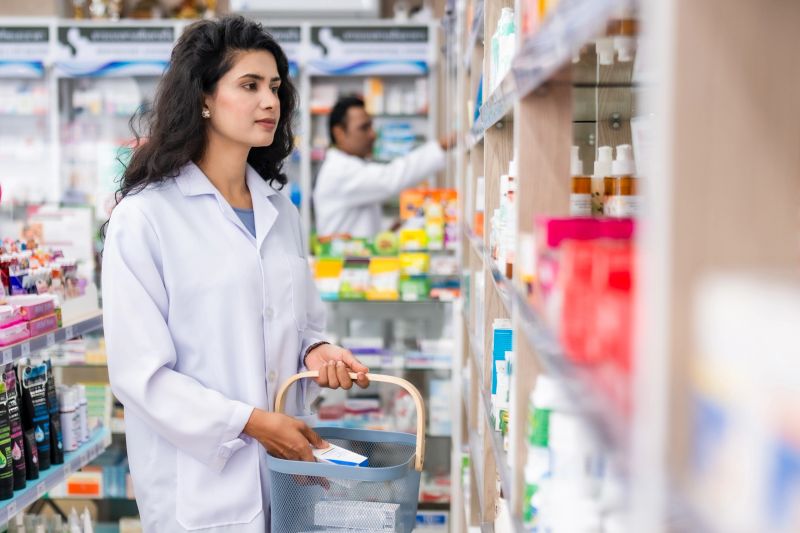 Pharmacist helping a customer in a modern pharmacy, discussing prescription medicine and healthcare products. Shelves stocked with various medical items in the background.