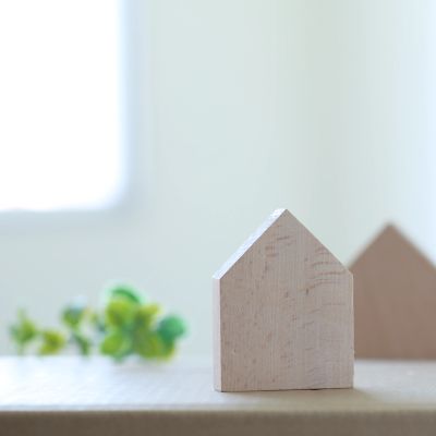 Wooden house-shaped blocks on a table with a plant in the background.