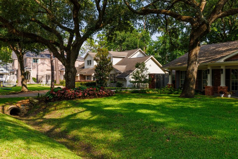 Peaceful suburban area features single-family homes among towering trees. Well-manicured lawns with colorful flower beds stretch across the foreground. Scene exudes community and prosperity in East Houston, Texas residential area.