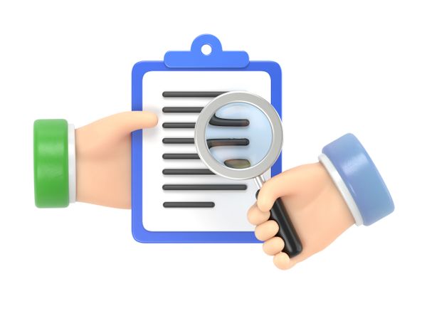 3D hands holding clipboard and magnifying glass inspecting document.