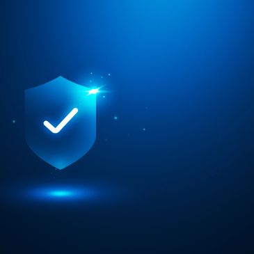 Blue shield with a white checkmark glowing on dark background.