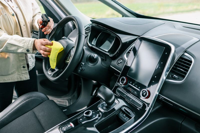 A woman at a car wash does a full dry-cleaning of all parts of a car using special chemistry, cloths, sponges and brushes. Concept of: Full car cleaning, Dry cleaning, Professional service. Car, Work.