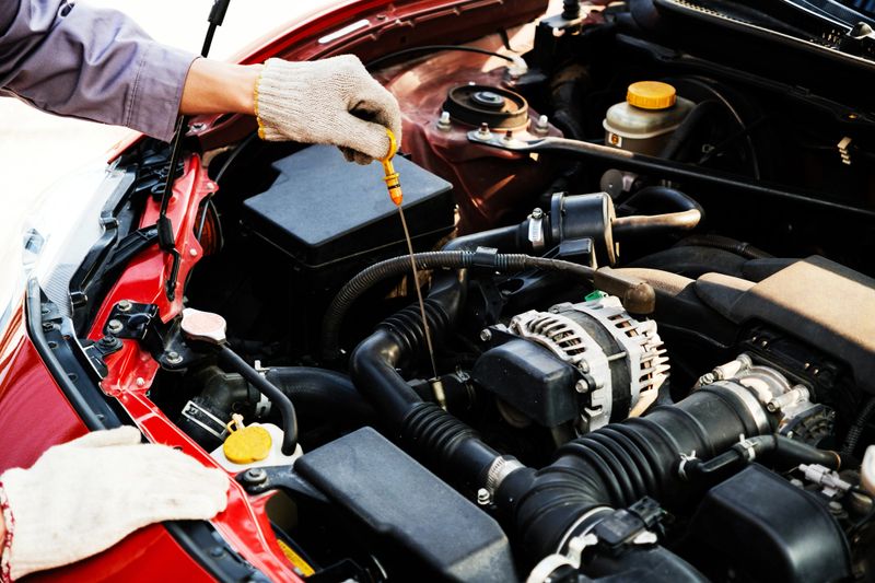 Diversity mechanic teamwork, a Japanese engineer wearing blue uniforms. A man inspects problems of the car engine inside opened car hood. Automobile repairing service. Vehicle maintenance. Labor work