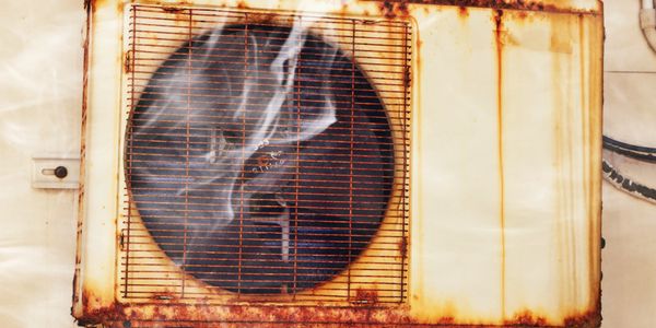 Rusty, old air conditioning unit emitting smoke or steam.