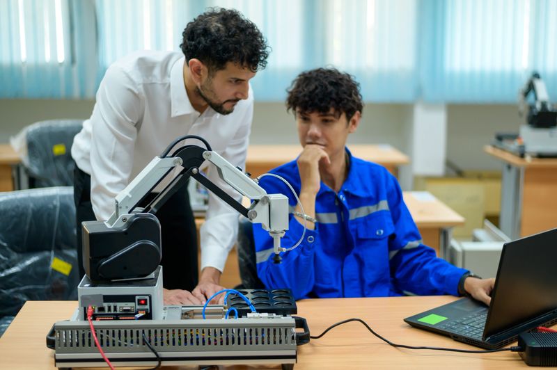 Trainee Robotics engineer learning with Programming and Manipulating Robot Hand, Industrial Robotics Design, High Tech Facility, Modern Machine Learning. Mass Production Automatics.