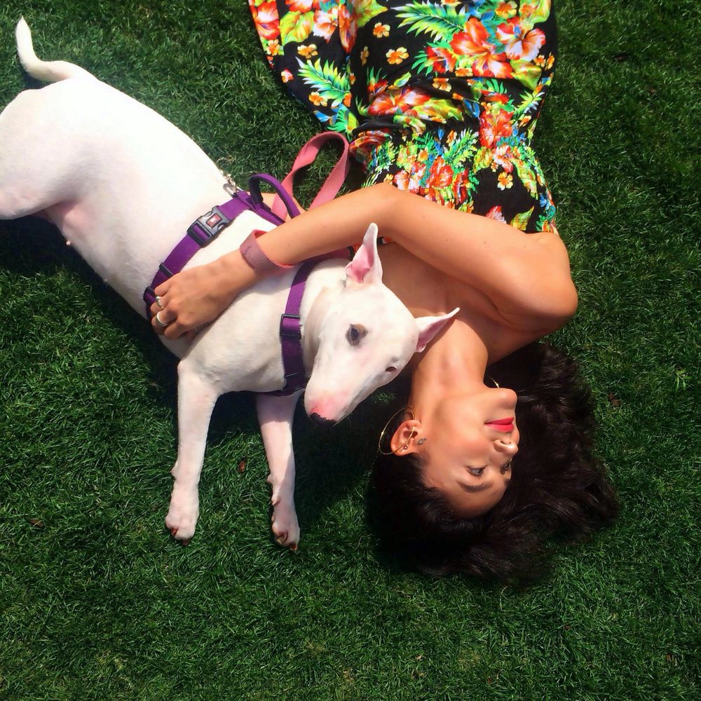 Woman in floral dress cuddling a white dog on green grass.