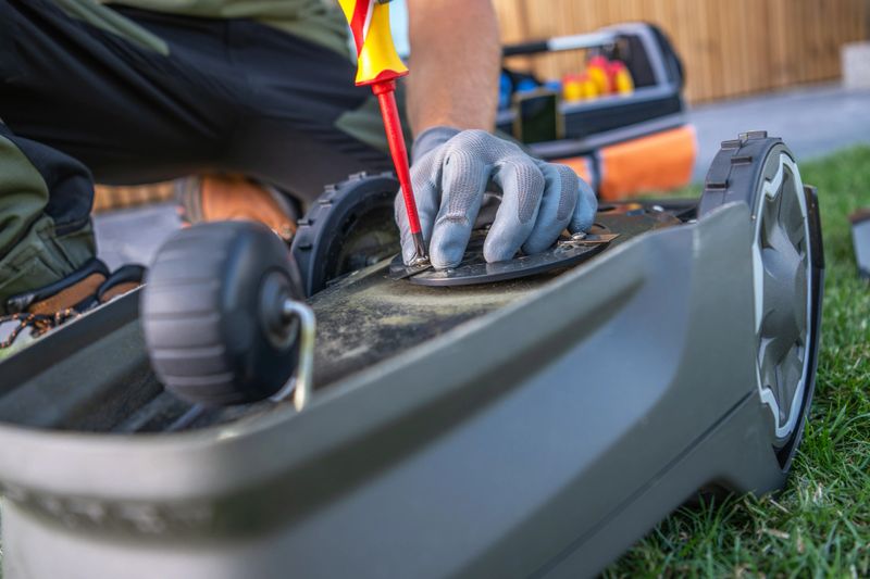 A person is conducting maintenance on a lawn mower robot , using a screwdriver to inspect its components. Tools are displayed nearby in an organized workspace, and the bright sunlight highlights the outdoor setting.