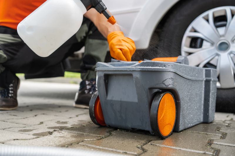Technician is cleaning a portable toilet tank with a water sprayer. The tank is on wheels and has orange rims. The person is wearing gloves and is kneeling on a paved surface.