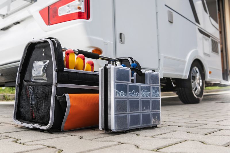 Two toolboxes, one a black and orange carrying case filled with screwdrivers and the other a clear plastic compartment box filled with hardware, sit on a brick pathway next to a white campervan.