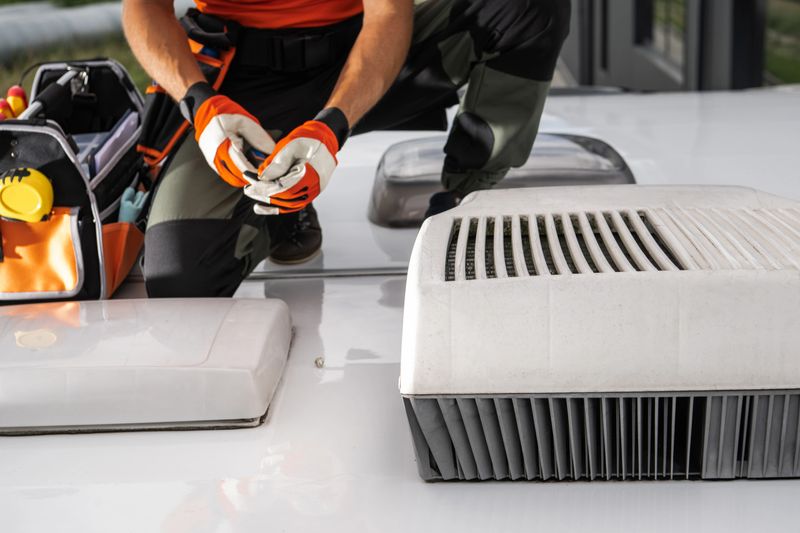 A technician wearing gloves is working on the air conditioner of an RV. The air conditioner unit is white with a grey grill. The technician is wearing a tool belt and is holding a tool in his hand.