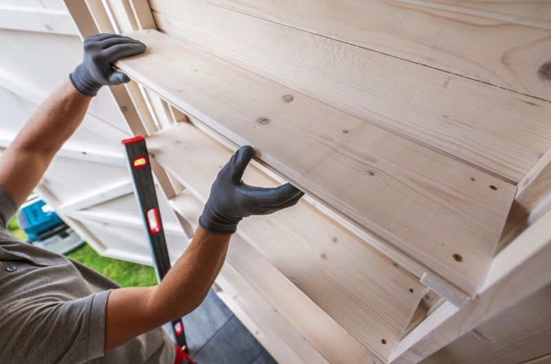 A worker wearing black gloves is installing a wooden shelf. He is using a level to ensure that the shelf is installed straight. The shelf is made of light-colored wood and appears to be part of a larger wooden structure.