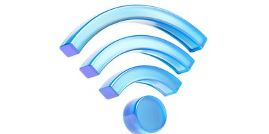 3D blue translucent Wi-Fi signal icon on white background.