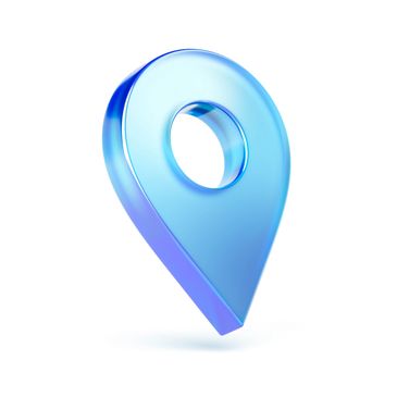 3D blue location pin icon on white background.
