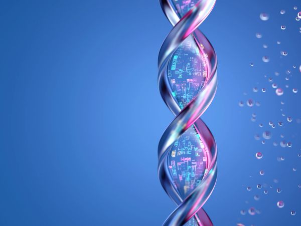 A digital DNA double helix with glowing circuit patterns on a blue background.