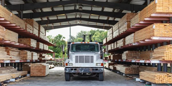 Truck parked inside a lumber warehouse.