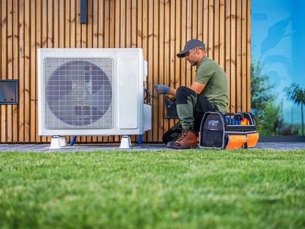 Technician servicing an outdoor residential AC unit