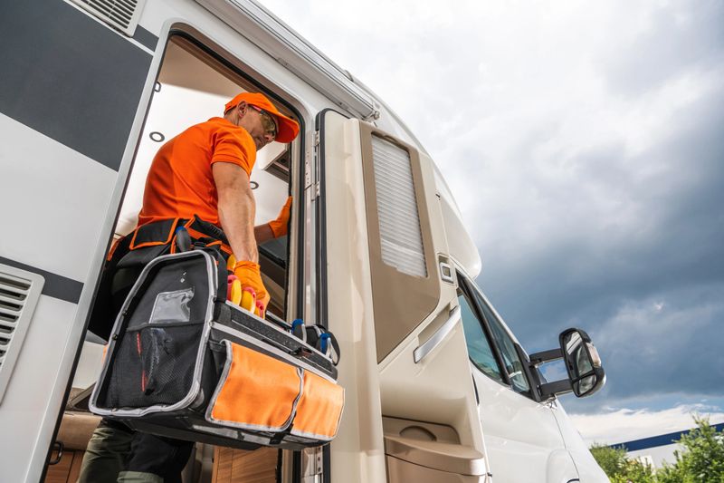A technician wearing an orange shirt and carrying a tool bag enters an RV. He is wearing safety glasses and a cap. The RV is white and has a large side door. The image is taken from a low angle, looking up at the technician.