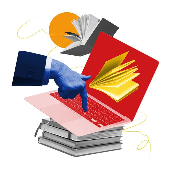 A blue hand points at a laptop with floating books, symbolizing digital learning.