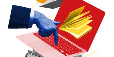A blue hand points at a laptop keyboard with a floating yellow book on the screen.