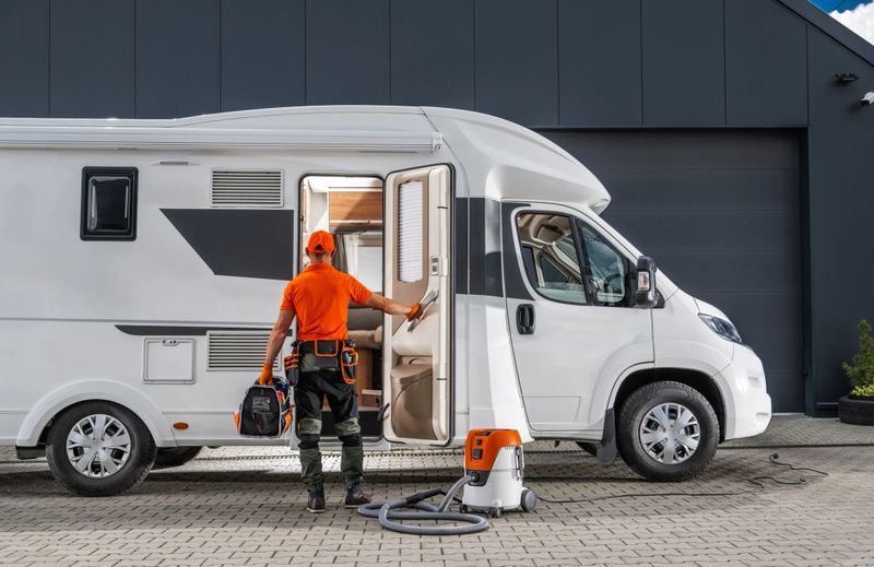 RV technician is cleaning and repairing rental motorhome camper van with a vacuum cleaner. The motorhome is parked in front of a grey building with a garage door. The man is standing near the open door of the motorhome, holding a tool bag.