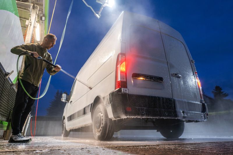 A man in a green jacket washes a white cargo van with a high-pressure hose at night.