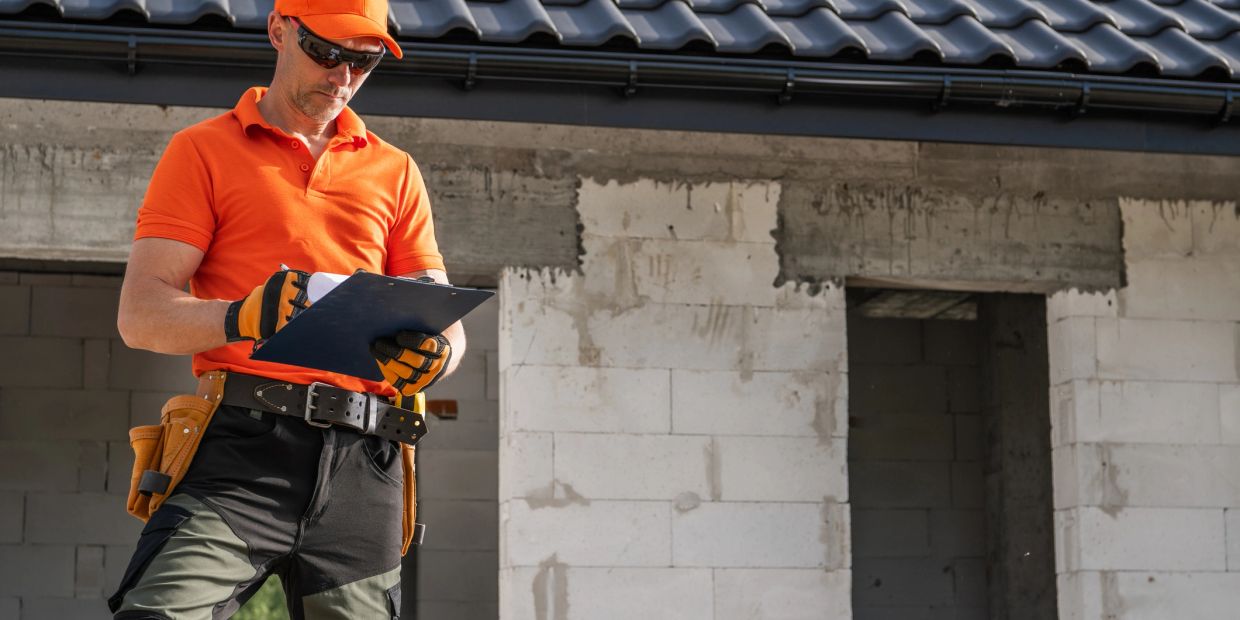 Construction worker in orange uniform reviewing plans on a clipboard.