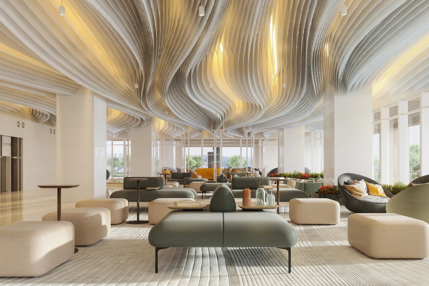 Stylish lounge with sculptural ceiling and modern seating.