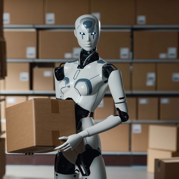 A humanoid robot holding a cardboard box in a warehouse.
