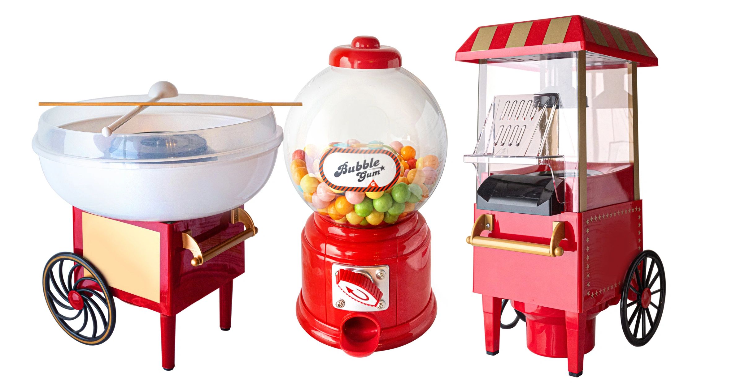 Cotton candy machine, bubble gum dispenser, and popcorn machine in red.