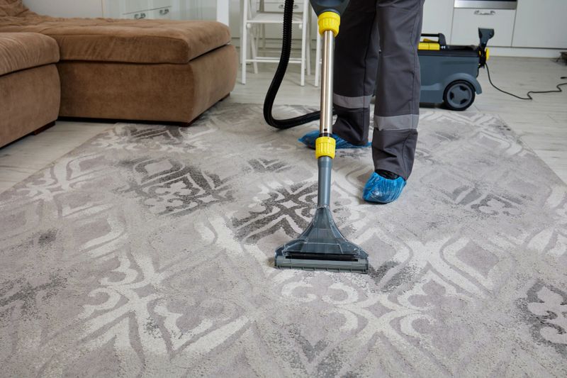 In a wide and bright living room, a diligent worker of a cleaning agency is dressed in overalls, expertly vacuuming and servicing the carpet with precision.
