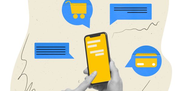 Hands using a smartphone with shopping and payment icons around.