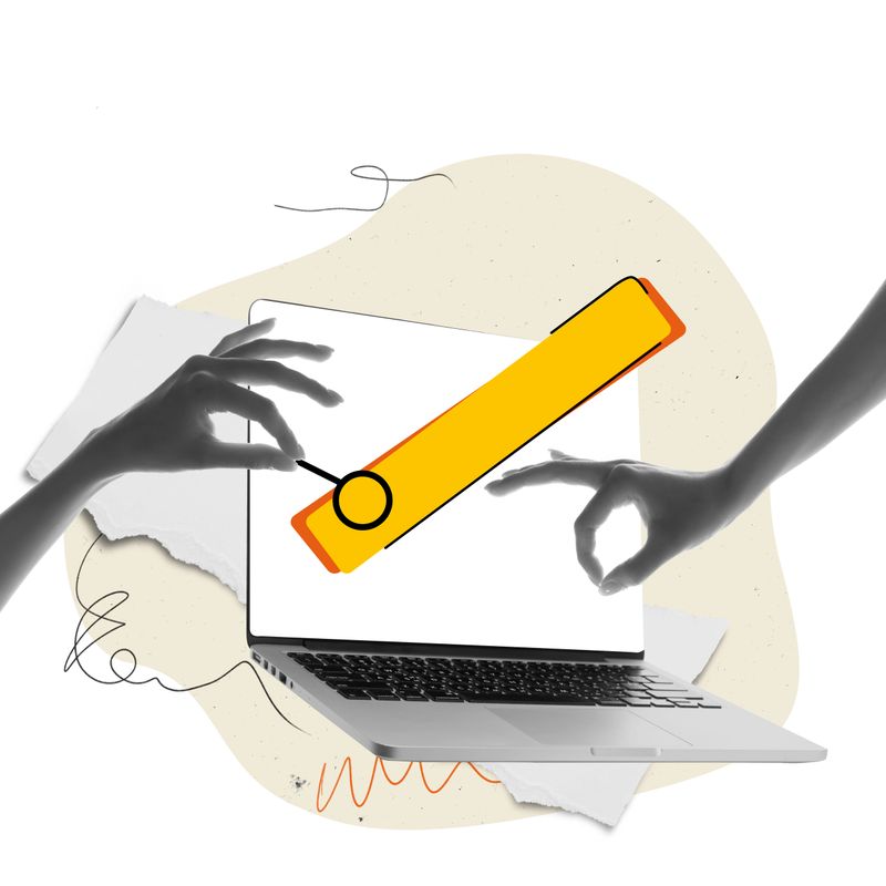 Hands interacting with search bar on laptop symbolizing SEO optimization, creativity, user interaction and engagement. Contemporary art collage. Concept of digital marketing, business, technology
