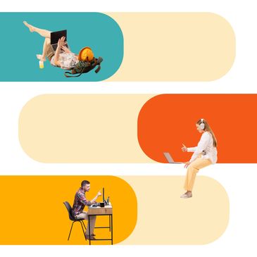 People working and studying remotely in colorful modern settings.